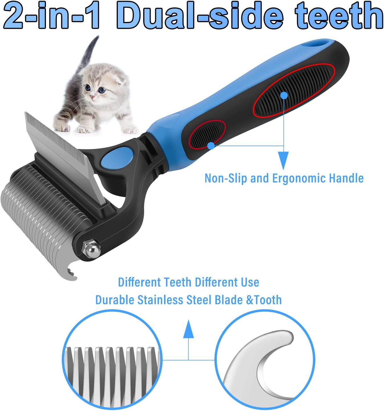 Dog Grooming Brush, 2 in 1 Dog Undercoat Rake for Small Dogs and Cats Shedding, Safe Dematting Comb Deshedding Tool for Pet Matted Hair (Small Blue)